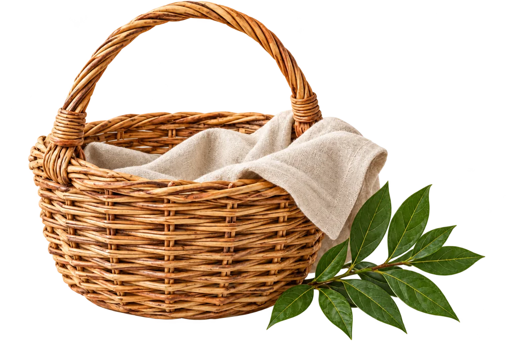 Illustrative concept of an empty basket, linen and sprig