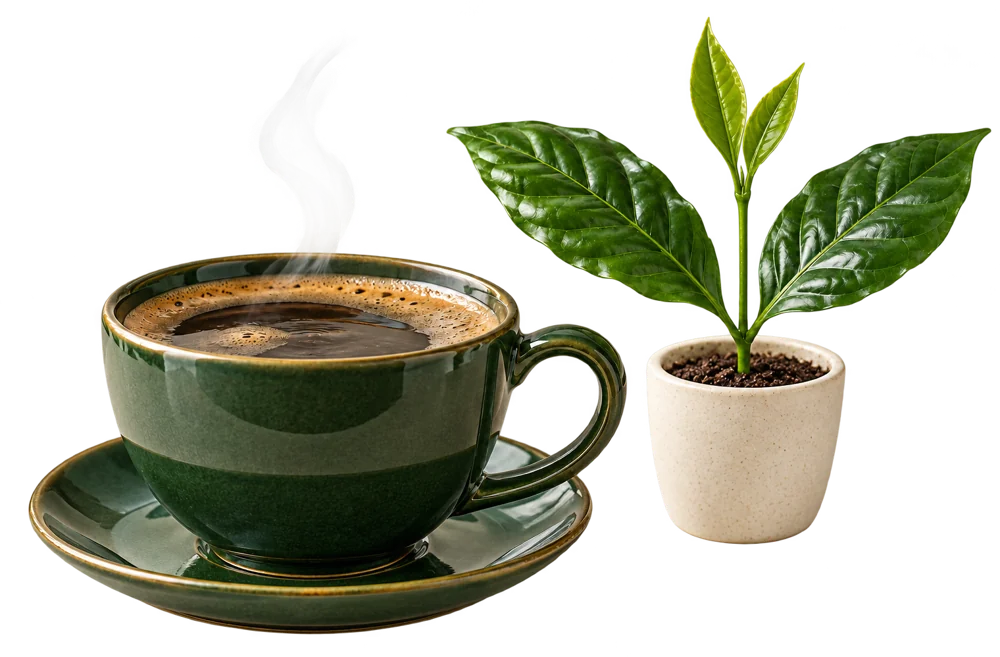 Illustrative concept of a coffee cup beside a small potted shoot