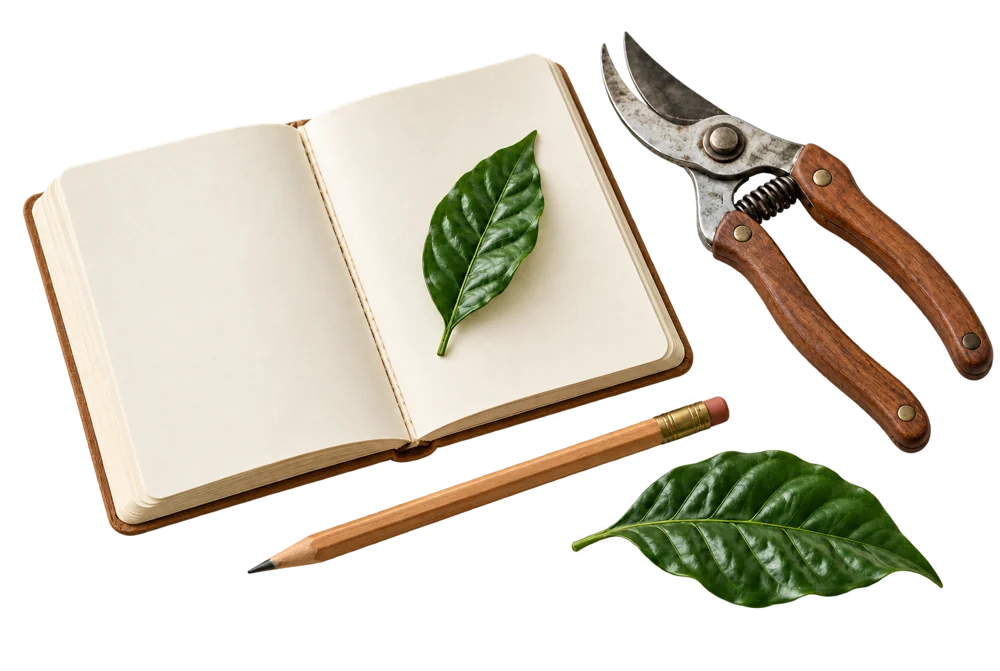 Illustrative concept of a blank journal, pencil and gardening tool